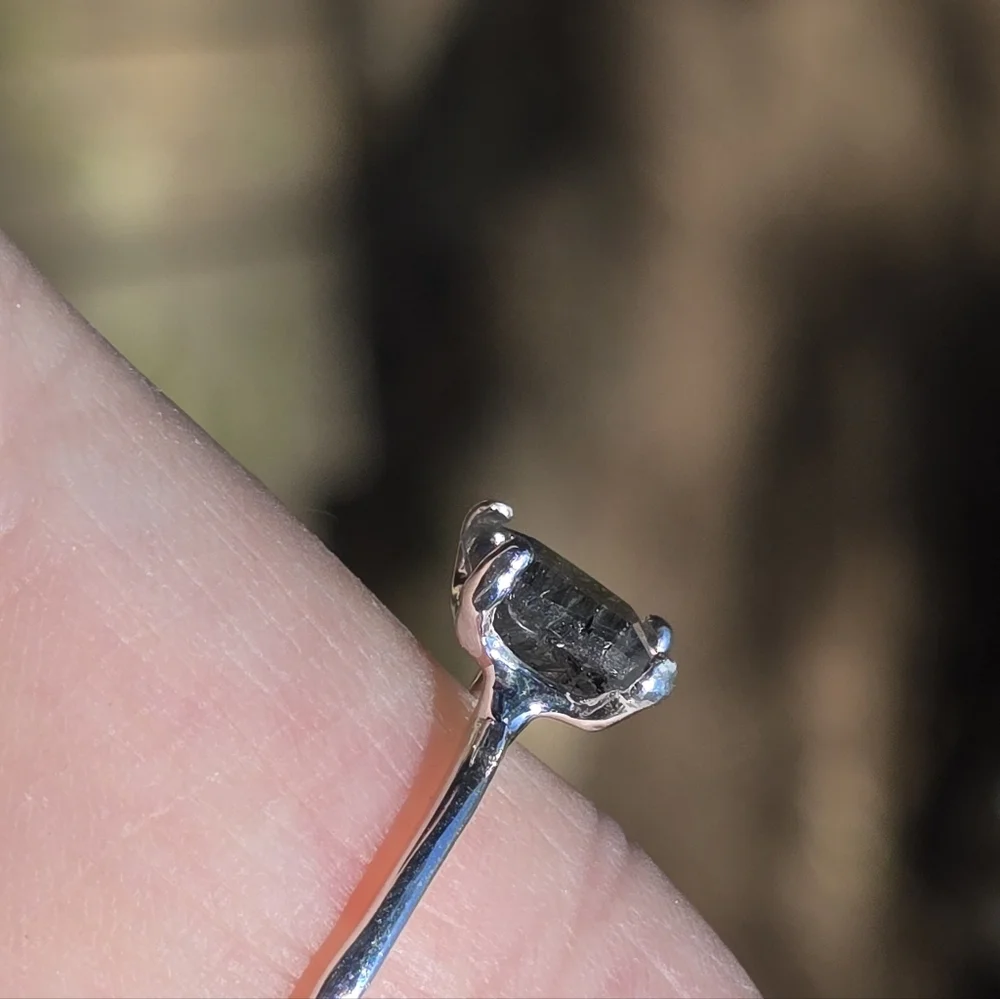 Rutilated Quarts Natural 3.5k Solitaire Emerald  Cut Sterling Ring Sz7.5 - Picture 11 of 12